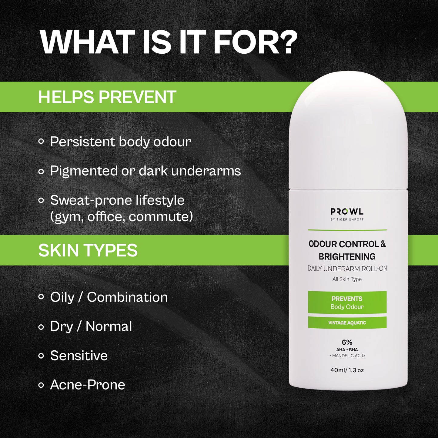 PROWL Odour control & Brightening Daily Underarm Roll-On - All Skin Type - 40ml - Pack of 1